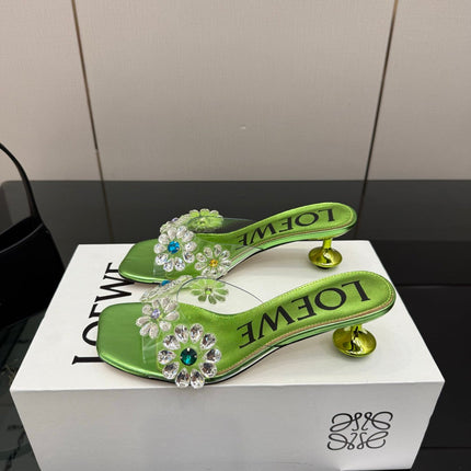 LOEWE 26S MULE HEELS 45MM IN GREEN PVC WITH CRYSTAL FLORAL