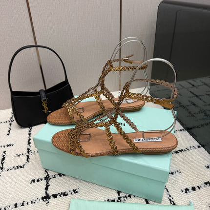 AQUAZZURA 26S ANKLE-STRAP SANDALS IN BROWN WOVEN FABRIC