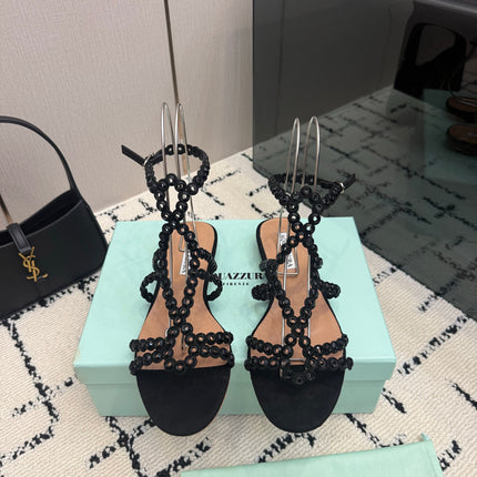 AQUAZZURA 26S ANKLE-STRAP SANDALS IN BLACK SUEDE