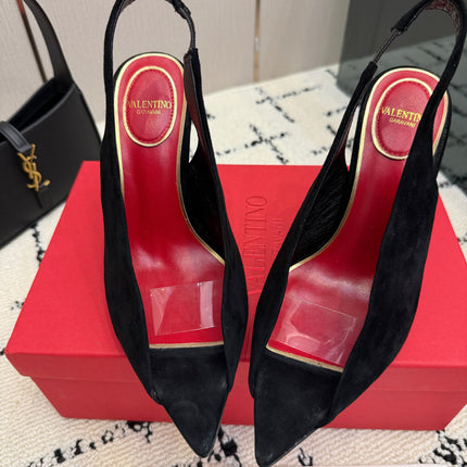 VALENTINO 26S POINTED-TOE SLINGBACKS IN BLACK SUEDE