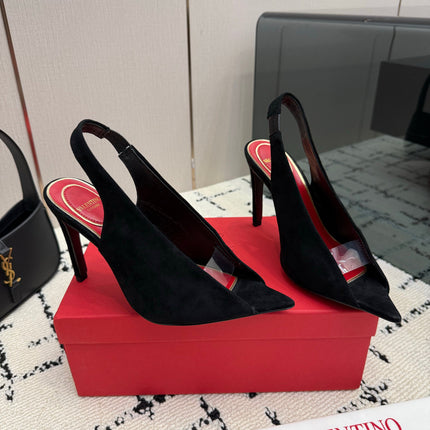 VALENTINO 26S POINTED-TOE SLINGBACKS IN BLACK SUEDE