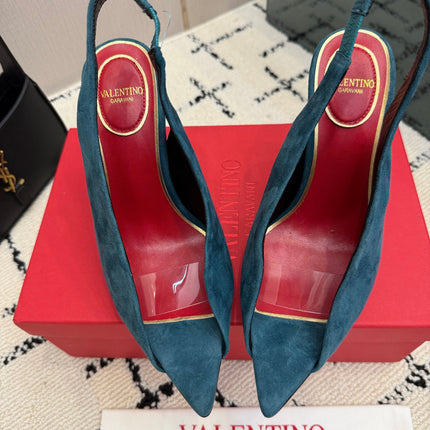 VALENTINO 26S POINTED-TOE SLINGBACKS IN TEAL BLUE SUEDE