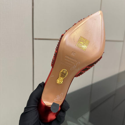 AQUAZZURA 26S HEEL MULES 85 MM IN METALLIC RED SEQUIN AND CALFSKIN