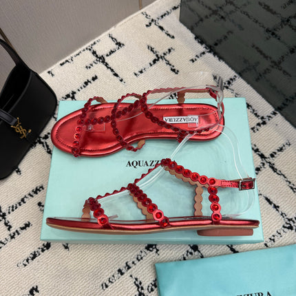 AQUAZZURA 26S FLAT SANDALS IN METALLIC RED LAMBSKIN CRYSTAL-EMBELLISHED