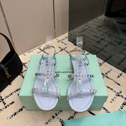 AQUAZZURA 26S FLAT SANDALS IN PASTEL BLUE LAMBSKIN CRYSTAL-EMBELLISHED