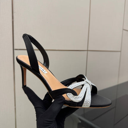 AQUAZZURA 26S HEEL SANDALS 80 MM IN BLACK SATIN CRYSTAL STONES