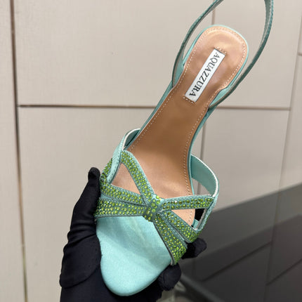 AQUAZZURA 26S HEEL SANDALS 80 MM IN MINT GREEN SATIN CRYSTAL STONES