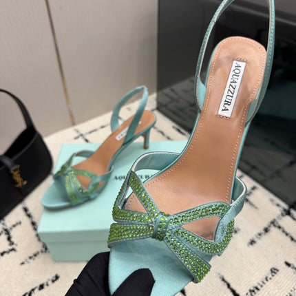 AQUAZZURA 26S HEEL SANDALS 80 MM IN MINT GREEN SATIN CRYSTAL STONES
