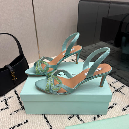 AQUAZZURA 26S HEEL SANDALS 80 MM IN MINT GREEN SATIN CRYSTAL STONES