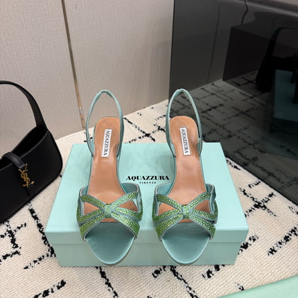 AQUAZZURA 26S HEEL SANDALS 80 MM IN MINT GREEN SATIN CRYSTAL STONES