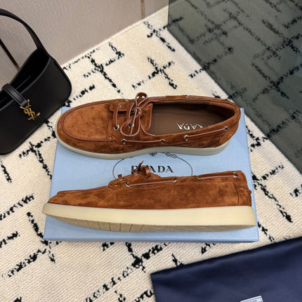 PRADA 26S LOAFERS IN COGNAC BROWN SUEDE WITH RUBBER SOLE