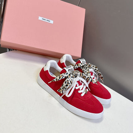 MIUMIU 25S SNEAKERS IN DARK RED SUEDE WITH LEOPARD-PRINT LACES