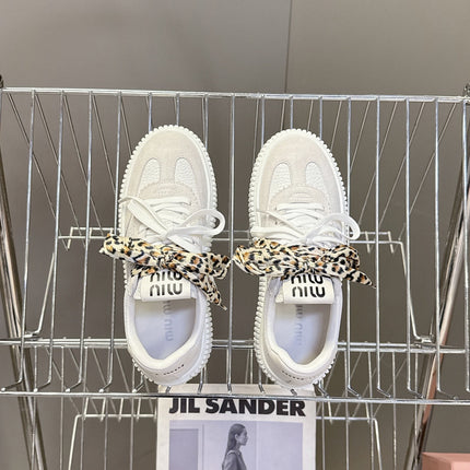 MIUMIU 25S SNEAKERS 45NN IN WHITE SUEDE WITH LEOPARD-PRINT LACES