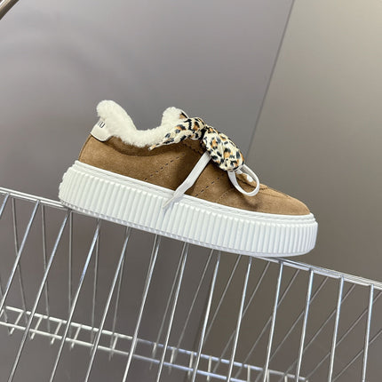 MIUMIU 25S SNEAKERS 45MM IN EARTH BROWN SUEDE WITH LEOPARD-PRINT LACES SHEARLING