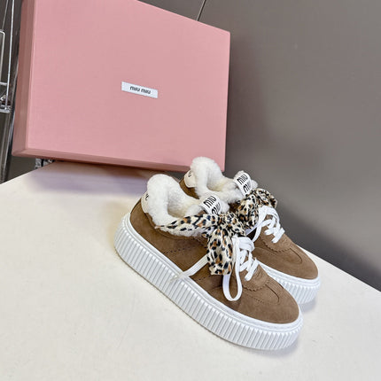 MIUMIU 25S SNEAKERS 45MM IN EARTH BROWN SUEDE WITH LEOPARD-PRINT LACES SHEARLING