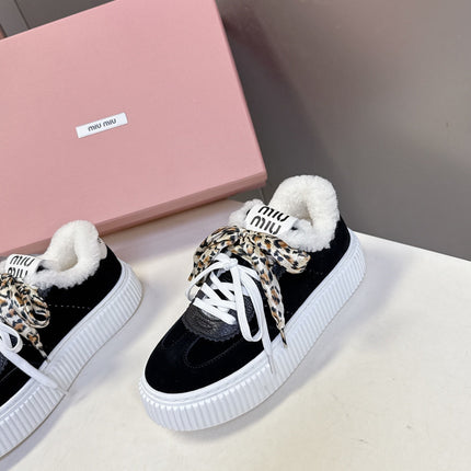 MIUMIU 25S SNEAKERS 45MM IN BLACK SUEDE WITH LEOPARD-PRINT LACES SHEARLING