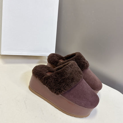 CELINE 26S WEDGE MULES IN PLUM BROWN SUEDE AND WOOL