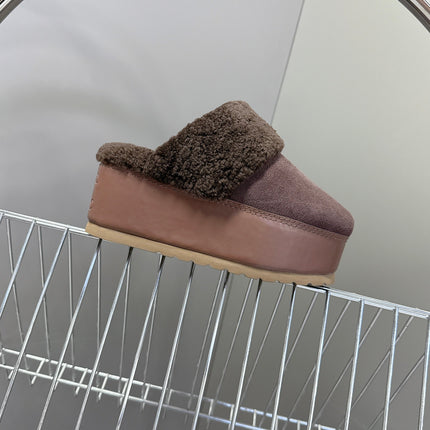 CELINE 26S WEDGE MULES IN PLUM BROWN SUEDE AND WOOL