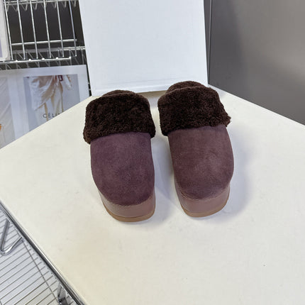 CELINE 26S WEDGE MULES IN PLUM BROWN SUEDE AND WOOL