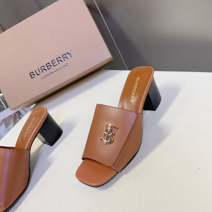 BURBERRY 26S HIGH HEEL MULE SANDALS 60MM IN CARAMEL BROWN CALFSKIN
