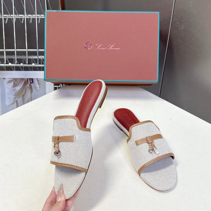 LP 26S SLIDES IN BEIGE CANVAS AND BROWN CALFSKIN