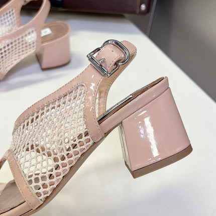ALAIA 26S MESH THONG HEELS 55 MM IN PALE PINK PATENT CALFSKIN