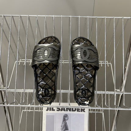 CHANEL 26S SLIDES IN BLACK PVC