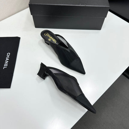CHANEL 26S HIGH HEELS MULES 35 MM IN BLACK MESH