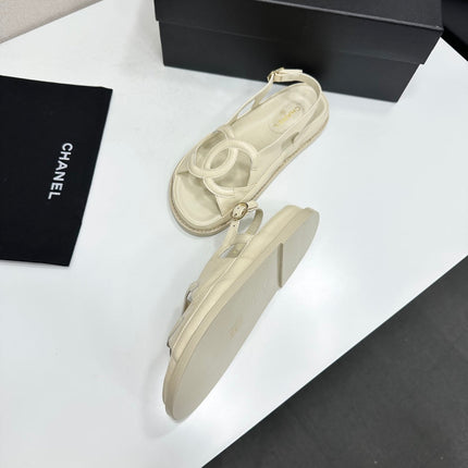 CHANEL 26S FLAT SANDALS IN CREAM WHITE LAMBSKIN