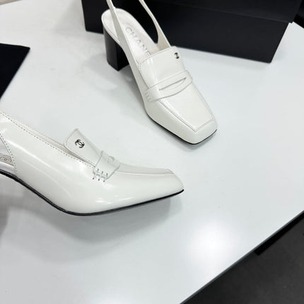 CHANEL 26S SLINGBACK LOAFER PUMPS IN WHITE PATENT CALFSKIN