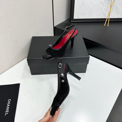 CHANEL 26S HIGH HEEL SLINGBACK PUMPS IN BLACK SUEDE