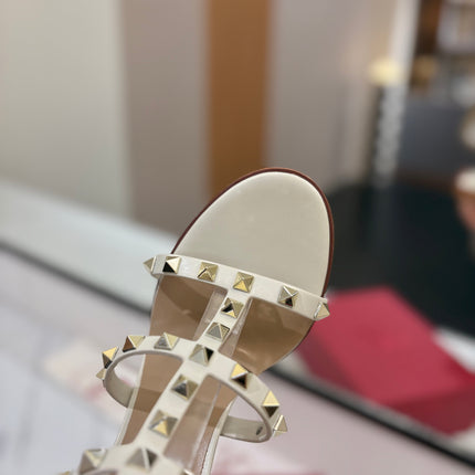 VALENTINO 26S STUDDED HIGH HEEL SANDALS 90 MM IN CREAM WHITE CALFSKIN