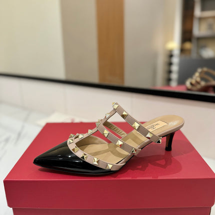 VALENTINO 26S STUDDED HEELED MULES 50 MM IN BLACK PATENT CALFSKIN