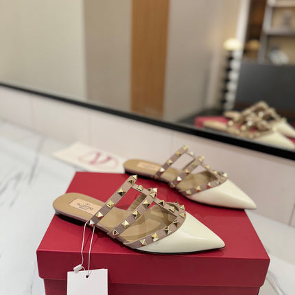 VALENTINO 26S STUDDED FLAT MULES IN WHITE PATENT CALFSKIN
