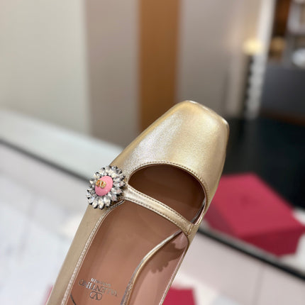 VALENTINO 26S MARY JANE FLATS IN METALLIC GOLD CALFSKIN WITH CRYSTAL FLOWER