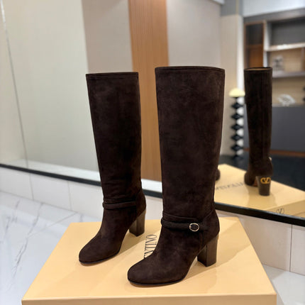VALENTINO 25S GARAVANI PATTIE KNEE-HIGH BOOTS 80 MM IN DARK BROWN SUEDE