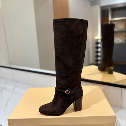 VALENTINO 25S GARAVANI PATTIE KNEE-HIGH BOOTS 80 MM IN DARK BROWN SUEDE