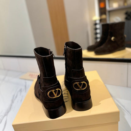 VALENTINO 25S PATTIE ANKLE BOOTS IN DARK BROWN SUEDE WITH GOLD HARDWARE