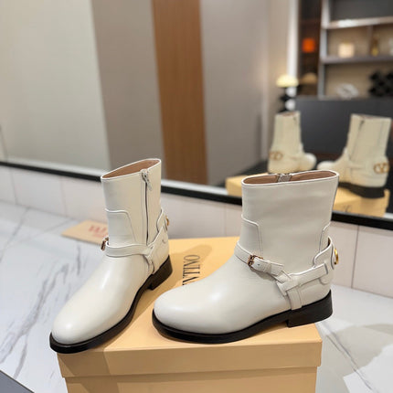 VALENTINO 25S PATTIE ANKLE BOOTS IN WHITE CALFSKIN WITH GOLD HARDWARE