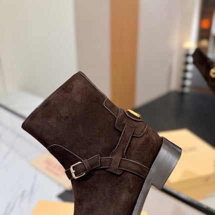 VALENTINO 25S PATTIE ANKLE BOOTS IN DARK BROWN SUEDE WITH GOLD HARDWARE