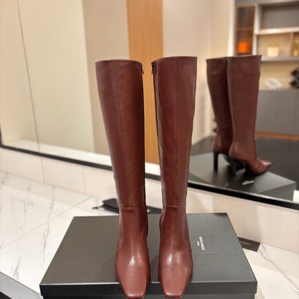 YSL 26S KNEE-HIGH BOOTS 95 MM IN BROWN CALFSKIN