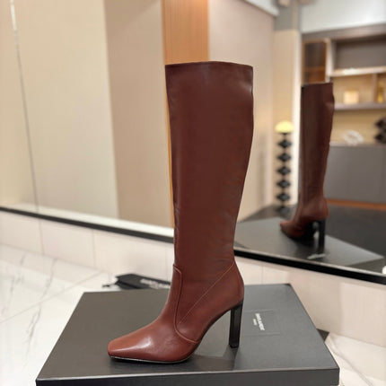 YSL 26S KNEE-HIGH BOOTS 95 MM IN BROWN CALFSKIN