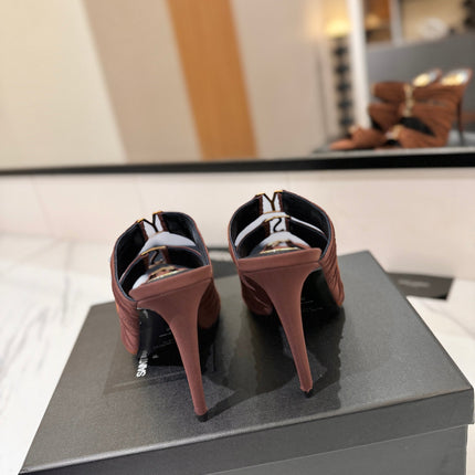 YSL 26S HEELED SANDALS 100 MM IN DARK BROWN FABRIC