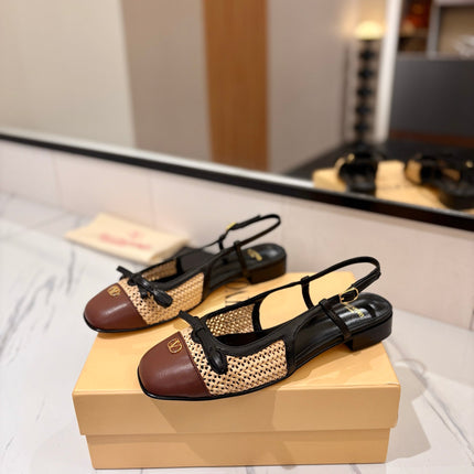 VALENTINO 26S SLINGBACK FLATS IN BLACK AND BROWN CALFSKIN