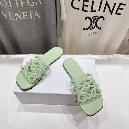 LOEWE 26S PETAL ANAGRAM SLIDE IN SAGE GREEN CALFSKIN