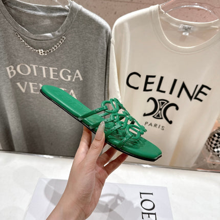 LOEWE 26S PETAL ANAGRAM SLIDE IN GREEN CALFSKIN