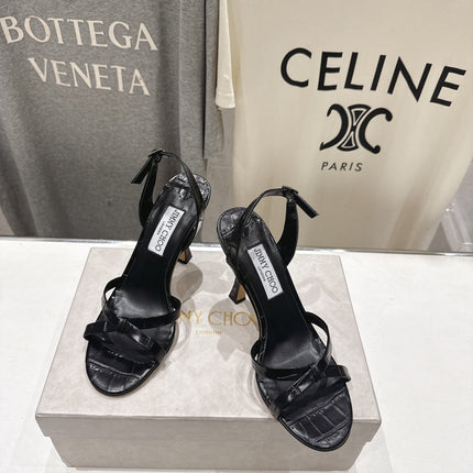 JIMMY CHOO 26S HIGH-HEELED SANDALS 100 MM IN BLACK CROC-EMBOSSED LAMBSKIN