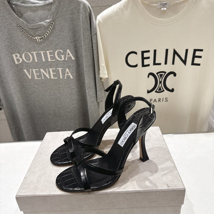 JIMMY CHOO 26S HIGH-HEELED SANDALS 100 MM IN BLACK CROC-EMBOSSED LAMBSKIN