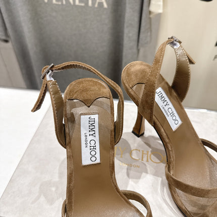 JIMMY CHOO 26S HIGH-HEELED SANDALS 100 MM IN BROWN SUEDE