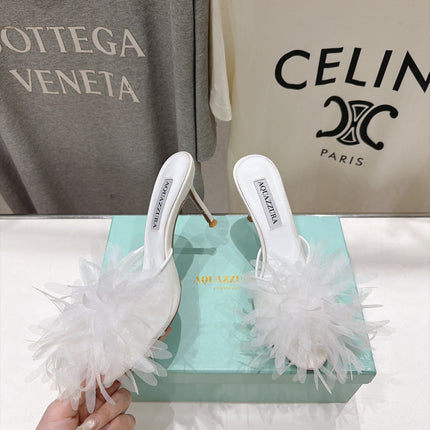 AQUAZZURA 26S BOUQUET HEELED SANDALS 80 MM IN CREAM WHITE SATIN & CALFSKIN